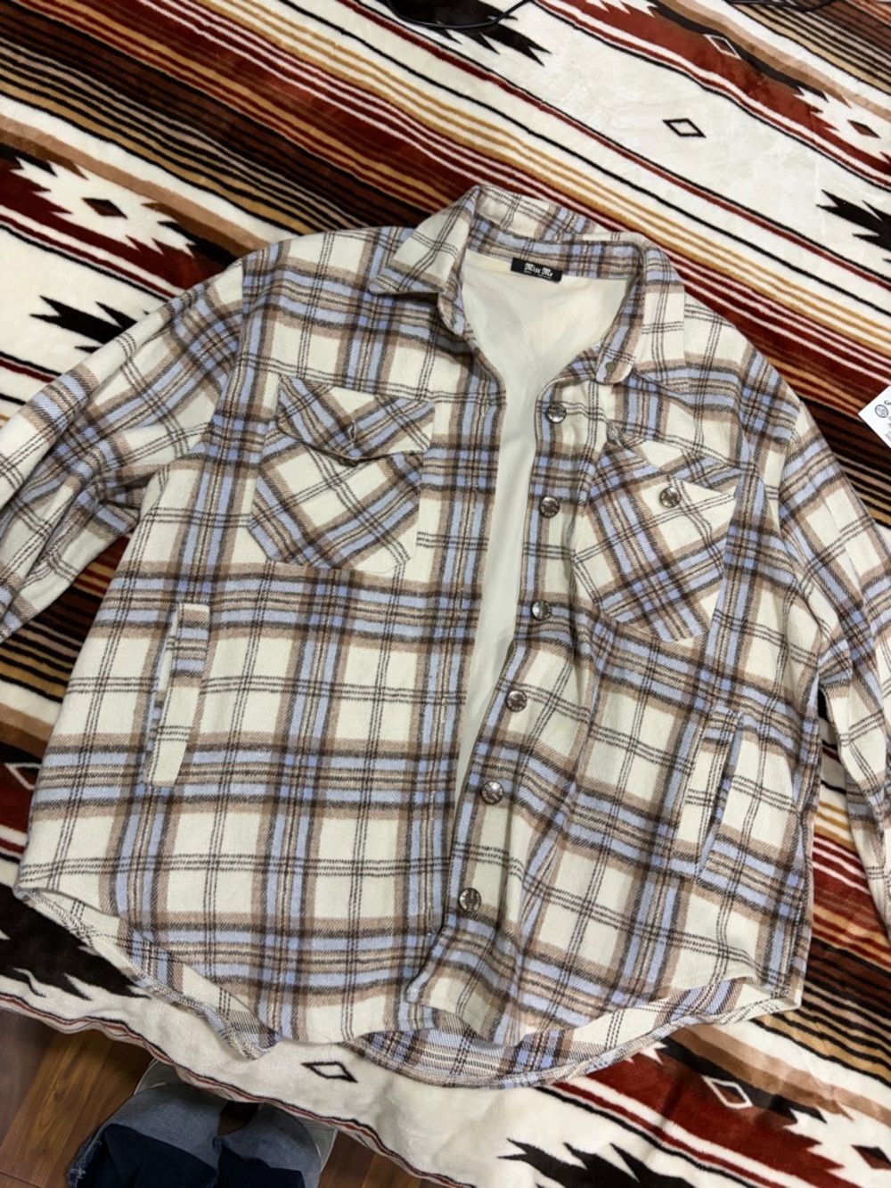 Miss Me Brown Cream an lavender Plaid Coat with Branded Metal Button comfy light